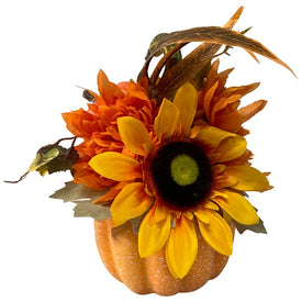 14.75" Yellow Sunflower and Mum Filled Pumpkin Thanksgiving Decor