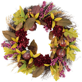28" Mums and Pomegranates Artificial Fall Harvest Floral Wreath