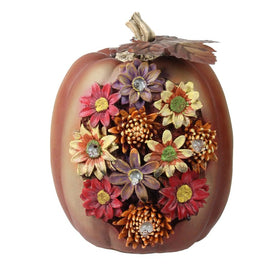 8" Brown Solar Powered Floral Pumpkin Outdoor Decoration