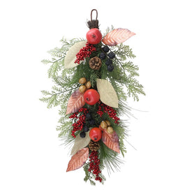 30" Unlit Autumn Harvest Mixed Berry and Pine Needle Artificial Teardrop Swag