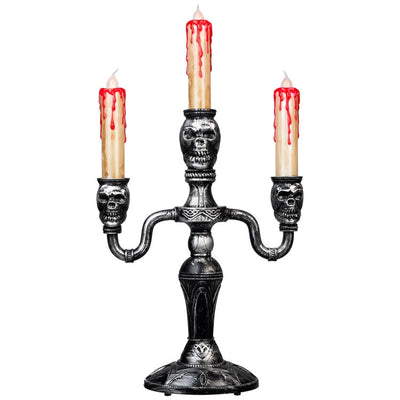 13.75" Antique Silver Skull Trio Halloween Candelabra