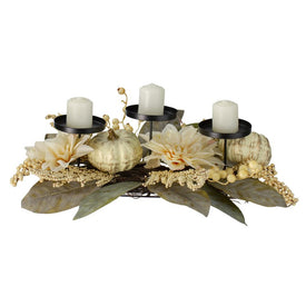 21" White Dahlia and Pumpkin Fall Candle Holder Centerpiece