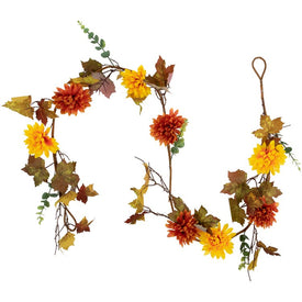 5.5' x 6" Unlit Red and Yellow Maple Leaf with Mum Flower Thanksgiving Garland