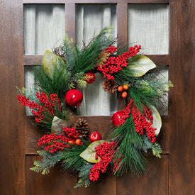 24" Unlit Autumn Harvest Pine Berry and Pomegranate Wreath