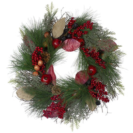 24" Unlit Autumn Harvest Pine Berry and Pomegranate Wreath