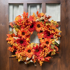 24" Unlit Leaves and Flowers Fall Harvest Wreath