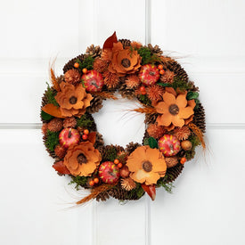 13.25" Unlit Autumn Harvest Orange Flowers and Gourds Pine Cone Wreath