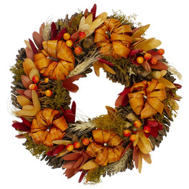 13" Unlit Orange Pumpkins and Berries Autumn Harvest Wreath