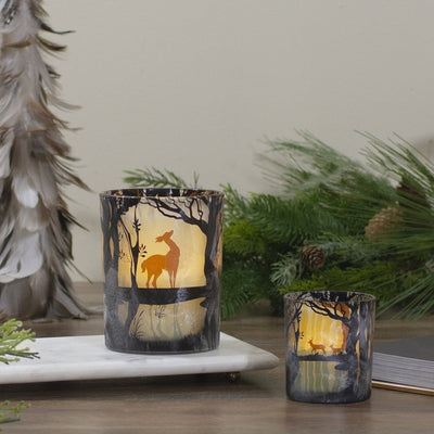 5" Handpainted Forest and Deer Flameless Glass Candle Holder
