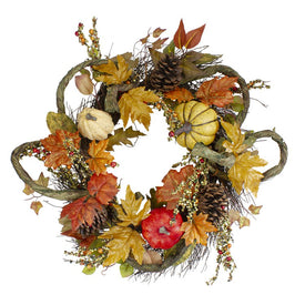 24" Unlit Sunflower Pumpkin Foliage and Pine Cone Fall Harvest Wreath