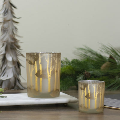 3" Shiny Gold and White Birch Leaves Flameless Glass Candle Holder