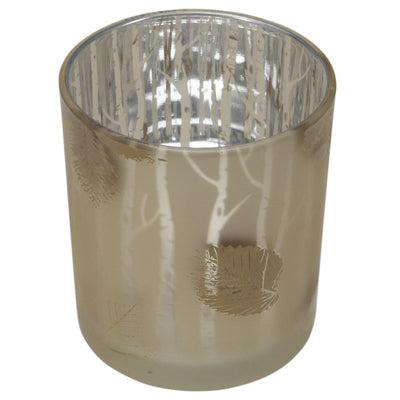 3" Shiny Gold and White Birch Leaves Flameless Glass Candle Holder
