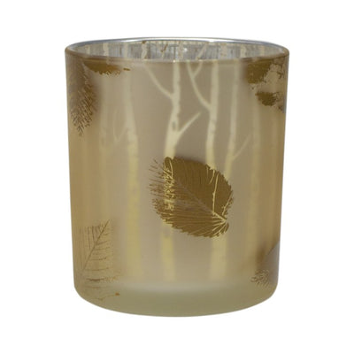 3" Shiny Gold and White Birch Leaves Flameless Glass Candle Holder