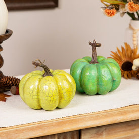 5" Green and Gold Crackle Fall Harvest Tabletop Thanksgiving Pumpkins Set of 2