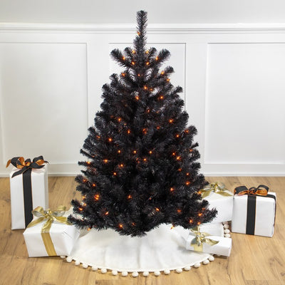 4' Pre-Lit Black Noble Spruce Artificial Halloween Tree with Orange Lights