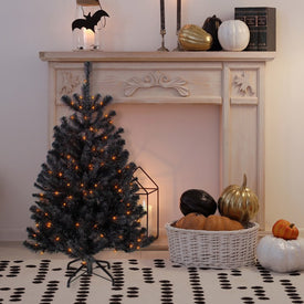 4' Pre-Lit Black Noble Spruce Artificial Halloween Tree with Orange Lights