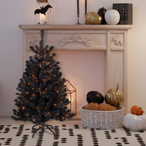 4' Pre-Lit Black Noble Spruce Artificial Halloween Tree with Orange Lights