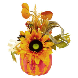 12" Autumn Harvest Orange and Yellow Floral Pumpkin Decoration