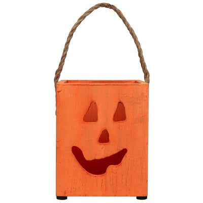 6.25" Small Orange Wood Jack-O'-Lantern Halloween Candle Lantern