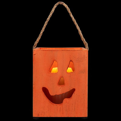 6.25" Small Orange Wood Jack-O'-Lantern Halloween Candle Lantern