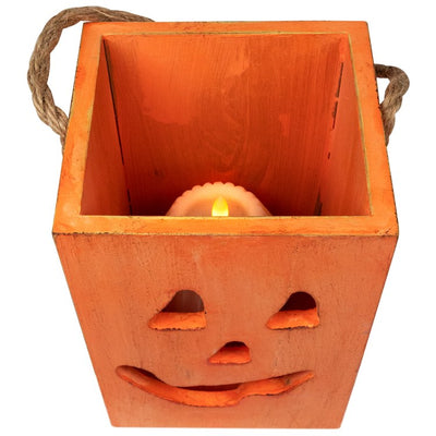 6.25" Small Orange Wood Jack-O'-Lantern Halloween Candle Lantern
