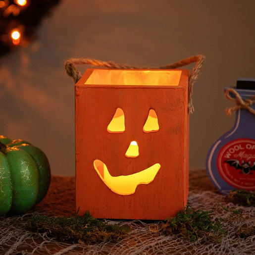 6.25" Small Orange Wood Jack-O'-Lantern Halloween Candle Lantern