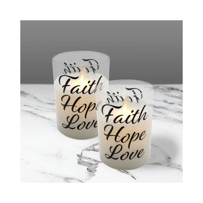 Faith, Hope, Love Battery-Operated Glass/Wax LED Candles with Moving Flame and Timer Set of 2