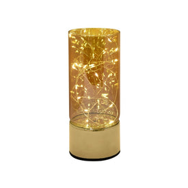 Amber Glass Hurricane Filled with Battery-Operated Fairy String Lights