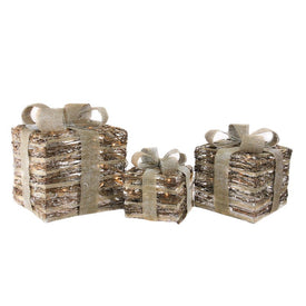 9" Lighted Rattan Gift Boxes with Burlap Bows Christmas Decorations Set of 3