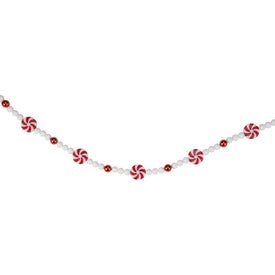 9' Red and White Peppermint Candy Beaded Christmas Garland Unlit