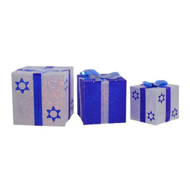 12" White and Blue Shimmering Lighted Hanukkah Gift Boxes Set of 3