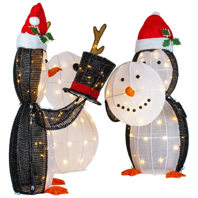 35" LED Lighted Penguins Building Snowman Outdoor Christmas Decoration Set of 3