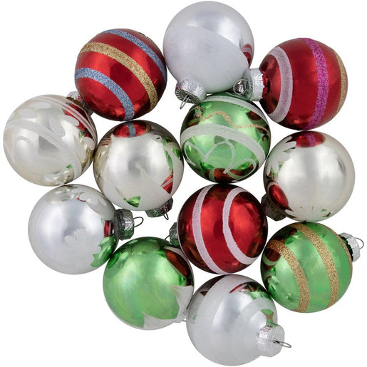 2.25" Multi-Color Vintage Design Glass Ball Christmas Ornaments Set of 12