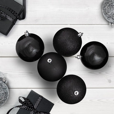 4" Black Shatterproof Four-Finish Christmas Ball Ornaments Set of 12