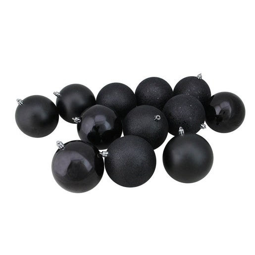 4" Black Shatterproof Four-Finish Christmas Ball Ornaments Set of 12