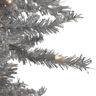 7.5' Pre-Lit Silver Tinsel Pine Slim Artificial Christmas Tree with Clear Lights
