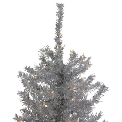 7.5' Pre-Lit Silver Tinsel Pine Slim Artificial Christmas Tree with Clear Lights