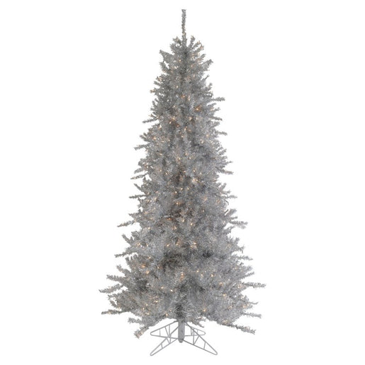 7.5' Pre-Lit Silver Tinsel Pine Slim Artificial Christmas Tree with Clear Lights