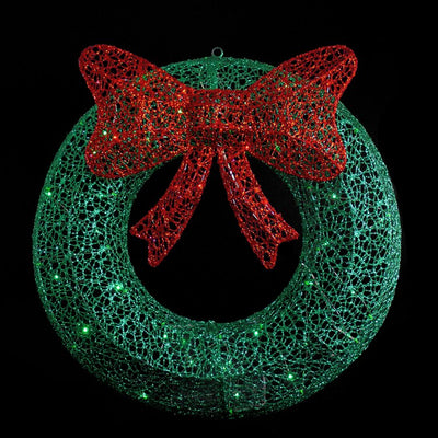 24" Pre-Lit Green Glitter Outdoor Wreath with Red Bow with LED Lights
