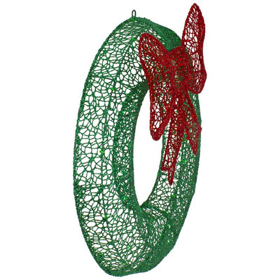 24" Pre-Lit Green Glitter Outdoor Wreath with Red Bow with LED Lights