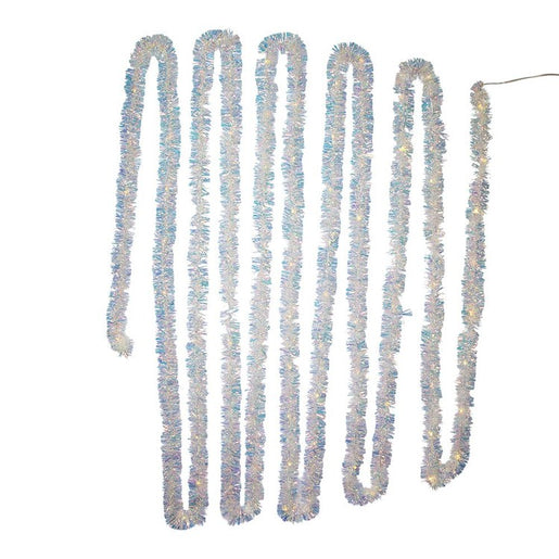 32.8' Pre-Lit Battery-Operated Iridescent Tinsel Garland with 100 Warm White Lights