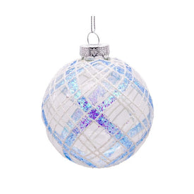 3.15" (80MM) Plaid Light Blue and Clear Glass Ball Ornaments Set of 6