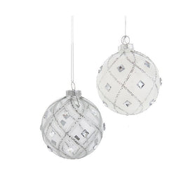 3.15" (80MM) Jeweled Clear Feather White Ball Ornaments Set of 6