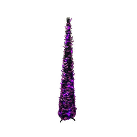 5.5' Black Collapsible Tree, with Bats and 50 Purple LED Lights, Electric Plug