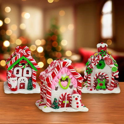 3.5" Gingerbread Candy House with Battery-Operated LED Lights Three-Piece Set