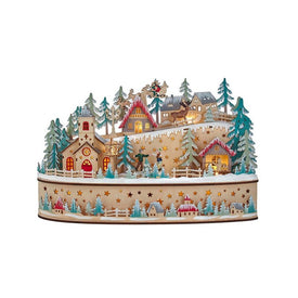 11.2" Wooden Christmas Village with Santa and Twirling People, 15 Warm LED Lights, Cordless