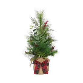 24" Unlit Berries and Plaid Ribbon Green Tree