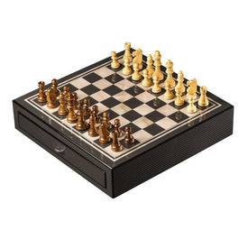 Carbon Fiber and Mother of Pearl Chess Set with Accessory Drawers and Weighed Pieces - OPEN BOX