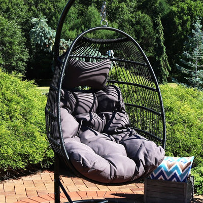 Julia Two-Piece Resin Wicker Hanging Basket Egg Chair Swing with Cushions and Headrest - Gray