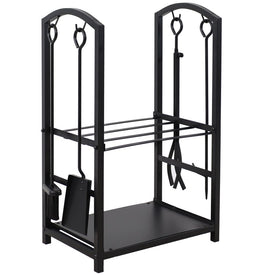 Five-Piece Indoor/Outdoor Steel Log Holder with Fireplace Tool Set - Black